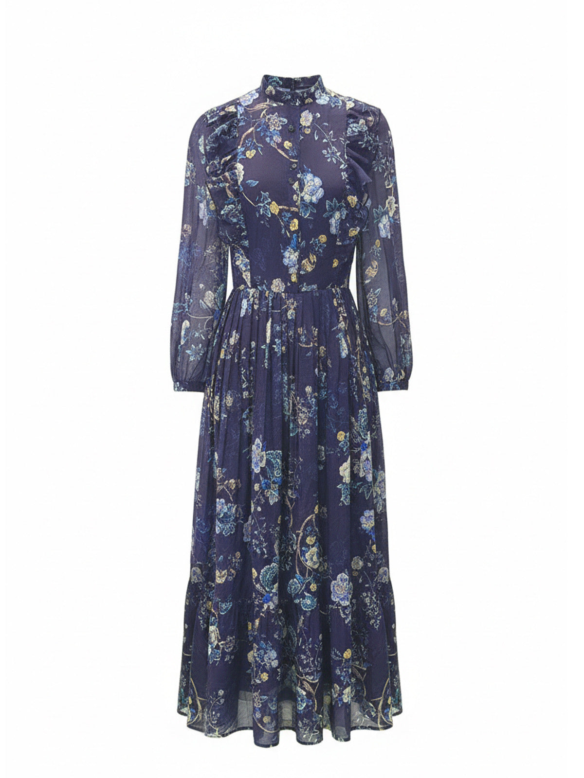 Robe Winnie Elyth Édition : robe longue bleu marine à imprimé floral aquarelle bleu et or, dotée d'un col montant, d'un corsage à volants froncés et de manches longues transparentes en mousseline légère.