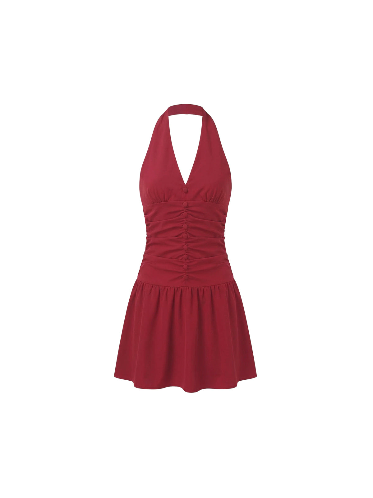 Robe Yara Elyth Édition : robe de cocktail courte rouge bordeaux au style vintage moderne, parfaite pour une soirée chic à Paris. Elle se distingue par un col licou avec décolleté en V, un bustier ajusté orné de fronces horizontales et d'une boutonnière décorative centrale, s'ouvrant sur une jupe patineuse évasée pour une silhouette féminine et audacieuse.
