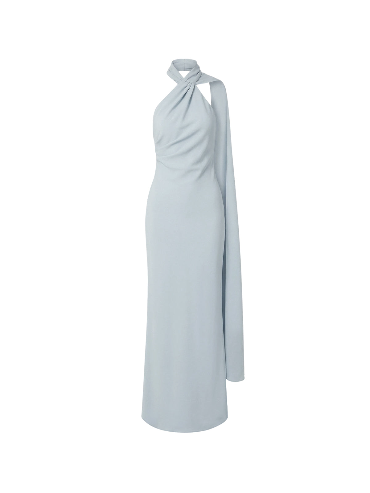 Robe Zelda Elyth Édition : robe longue bleu poudré à la silhouette sculpturale, dotée d'un col licou croisé et drapé sur le devant qui se prolonge en une traîne fluide sur l'épaule, offrant un look de soirée minimaliste et hautement élégant.