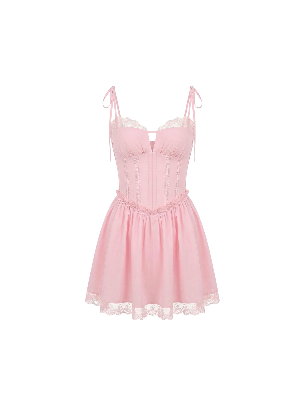 Robe Zinnia Elyth Édition : mini-robe rose pastel d'inspiration corset, dotée d'un bustier baleiné avec bordure en dentelle, de fines bretelles à nouer et d'une jupe évasée à ourlet festonné pour un look ultra-féminin et romantique.