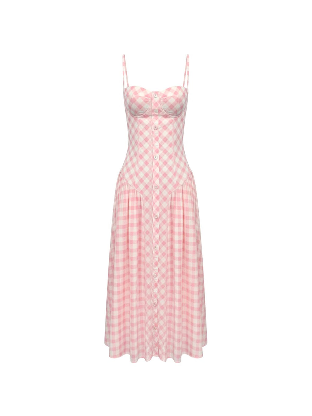 Lila Dress by Elyth Édition: a pink and white gingham midi dress featuring a tailored bustier bodice, spaghetti straps, and a full-length button-down front.