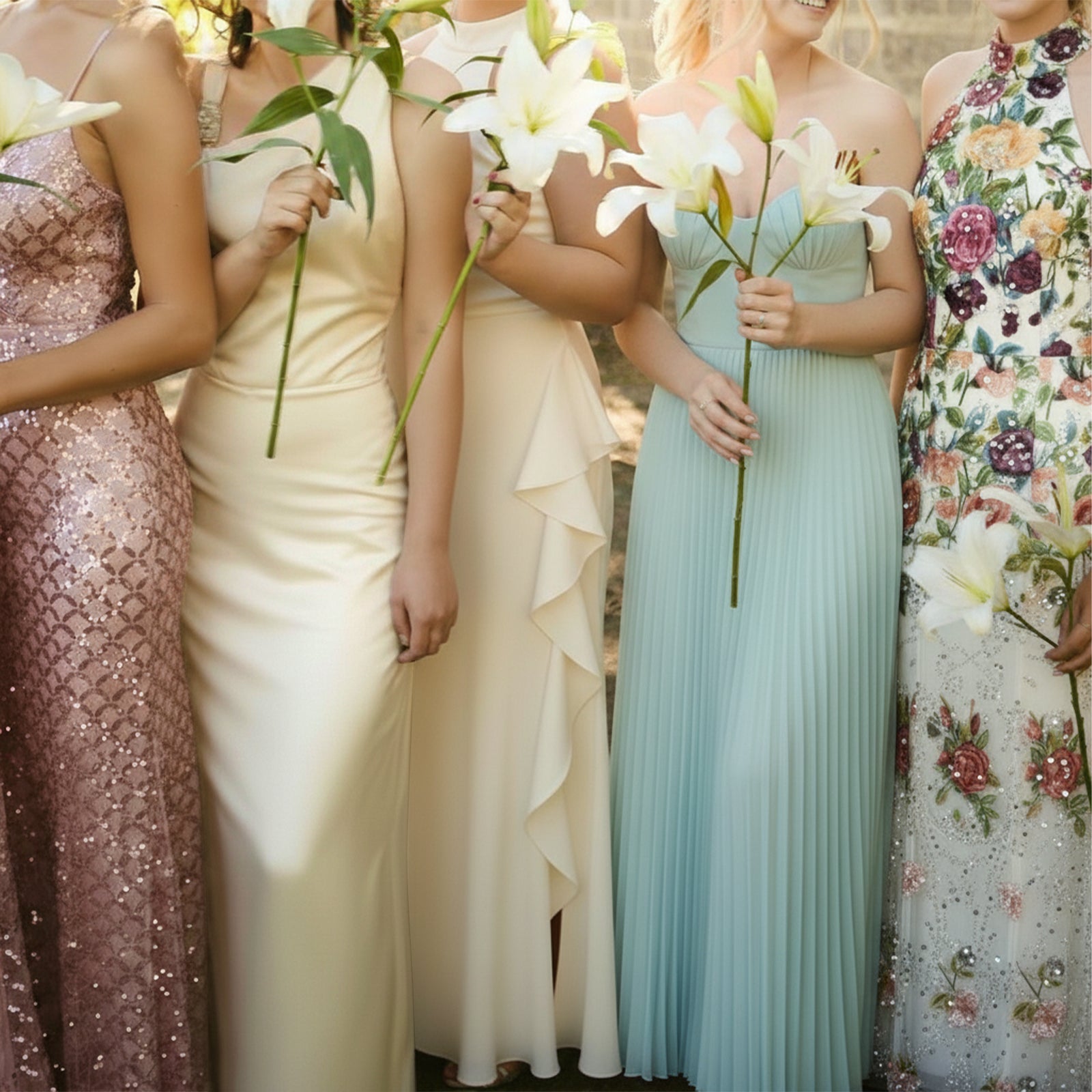 Groupe de femmes portant des robes de cérémonie Elyth Édition : robes longues plissées, modèles satinés et robes à fleurs brodées, tenant des lys blancs pour un mariage ou une réception.