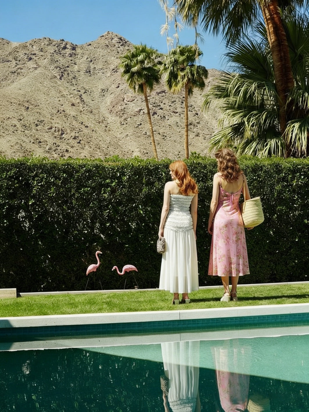 Robes de vacances Elyth Édition : robe longue bustier blanche et robe nuisette fleurie rose au bord d'une piscine.