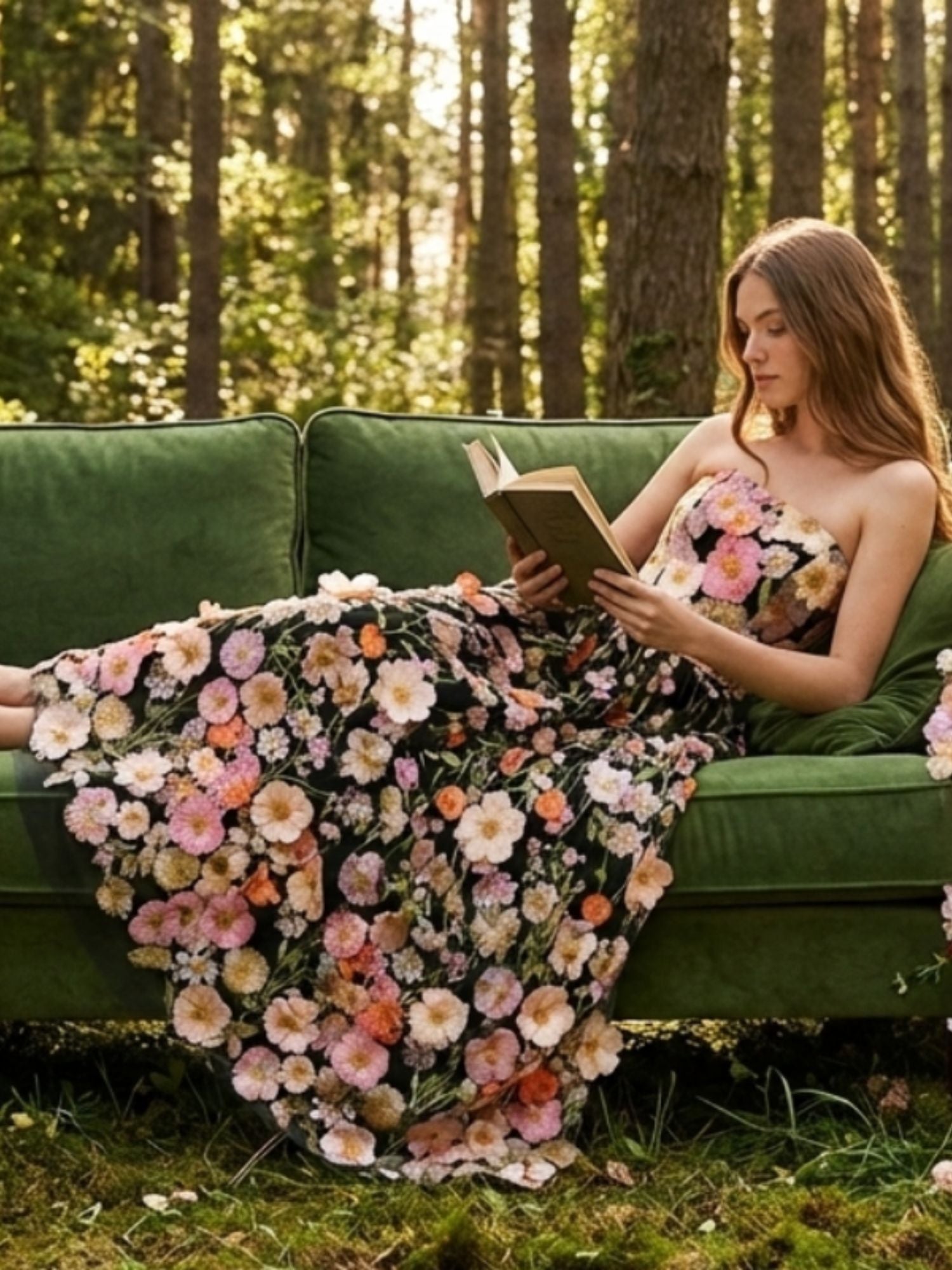 Femme en robe longue à fleurs Elyth Édition lisant sur un canapé en velours vert dans une forêt ensoleillée.