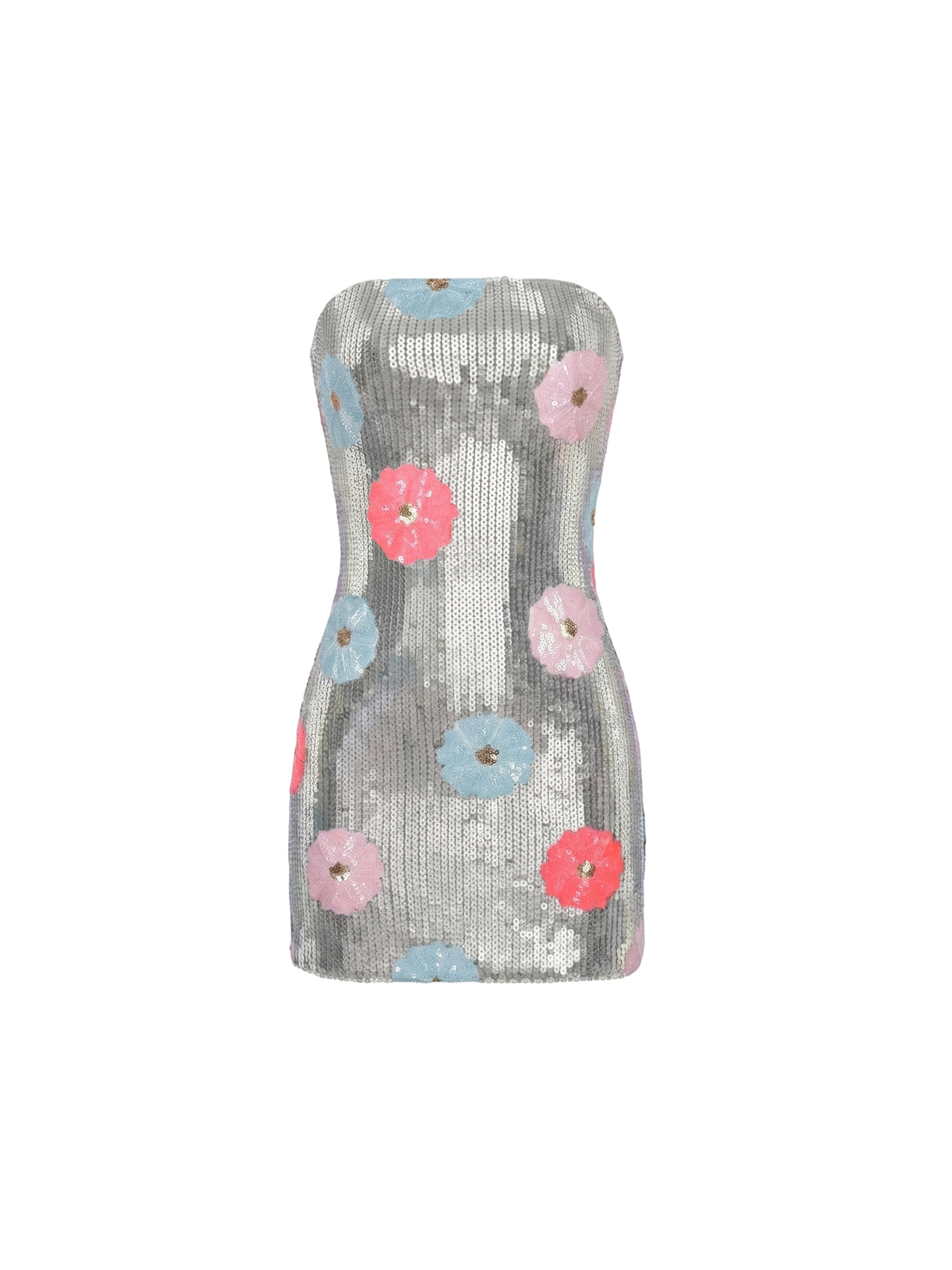 Robe Abigail Elyth Édition : mini robe de soirée bustier argentée, entièrement ornée de sequins scintillants et décorée de motifs floraux brodés multicolores (rose néon, bleu ciel et blanc). Sa coupe fourreau ajustée offre une silhouette moderne, lumineuse et sophistiquée.