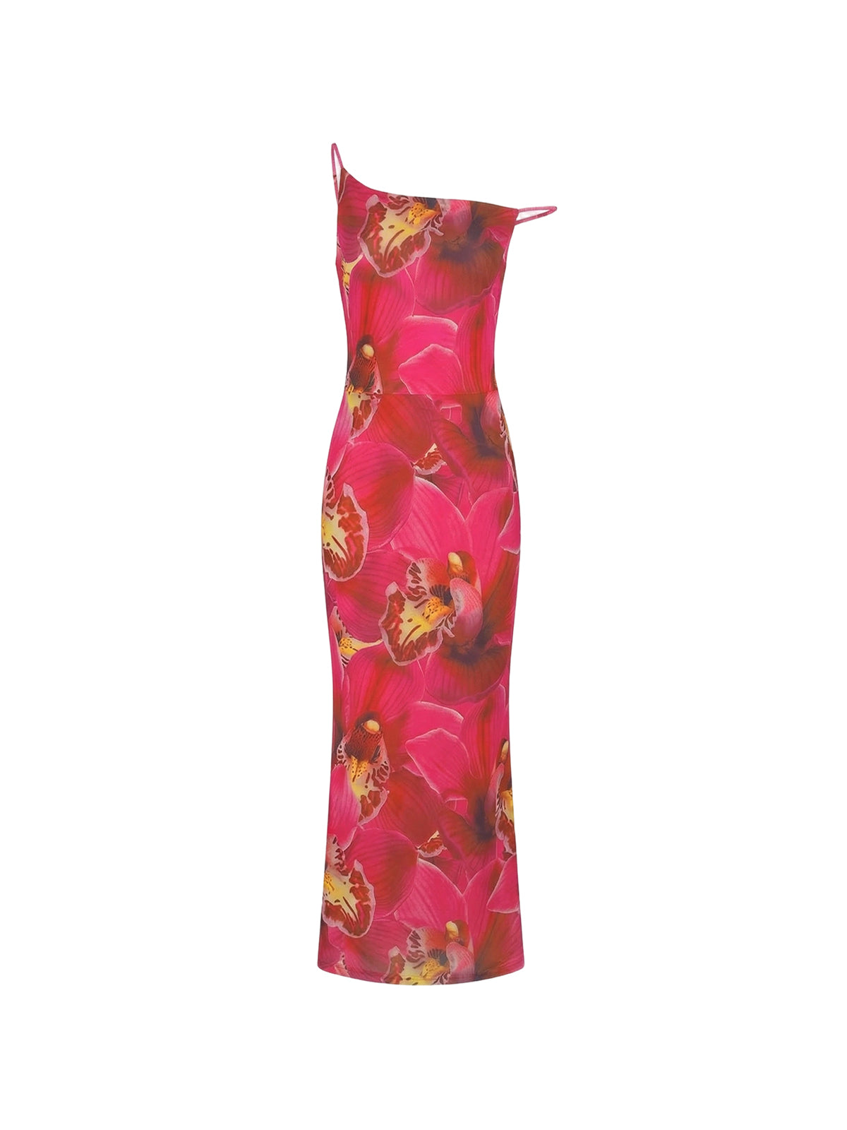 Robe Anika Elyth Édition : robe longue moulante fuchsia à bretelles fines asymétriques, ornée d'un imprimé floral artistique géant rouge et jaune de type orchidée, confectionnée dans un tissu extensible pour une silhouette élancée et vibrante.