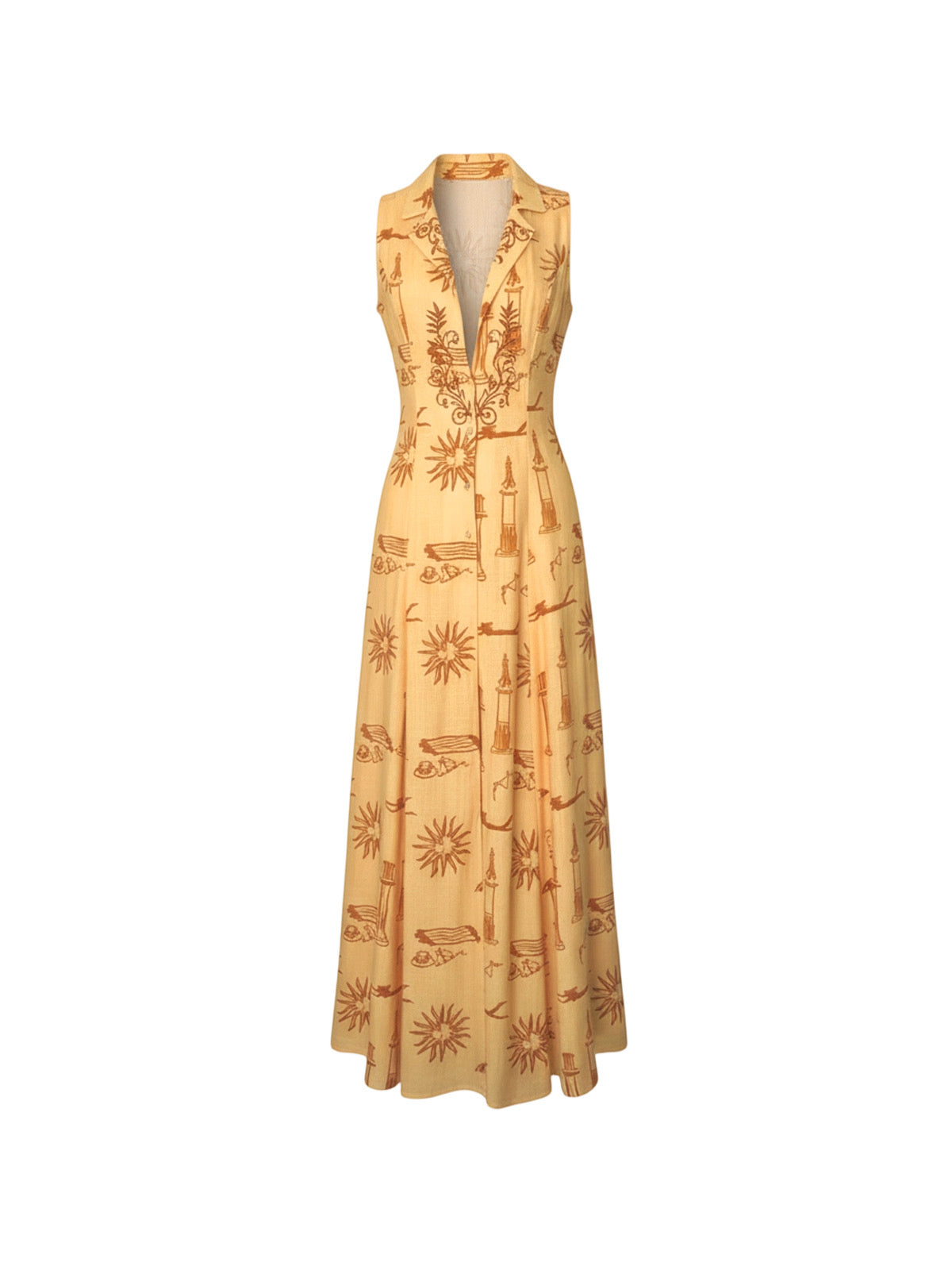 Robe Eleanor Elyth Édition : robe longue sans manches de couleur jaune pâle à imprimé estival terre de Sienne représentant des soleils et des paysages balnéaires, dotée d'un col tailleur, d'un boutonnage frontal et d'une jupe évasée fluide.